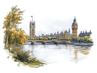 Colorful illustration of London with Big Ben and Westminster Bridge