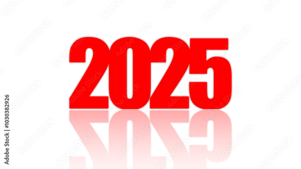 Fototapete red text numbers 2025 on a white background with transition and reflection text 2025. happy new year