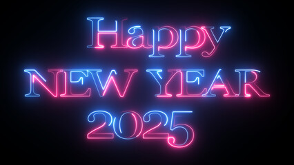 Happy new year 2025 text. Glowing neon text numbers 2025 on a white background. Happy New Year 2025! Holiday card.