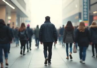 Obraz premium Back view of citizens walking along a pedestrian street. One person in focus in the center.