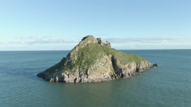 Thatcher Rock Torquay Drone Footage In the English riviera, sunny day, beautiful sky Ariel view of scenic landscape Sunny day