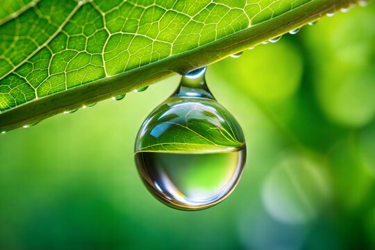 Water droplet hanging from green leaf showcasing nature simplicity