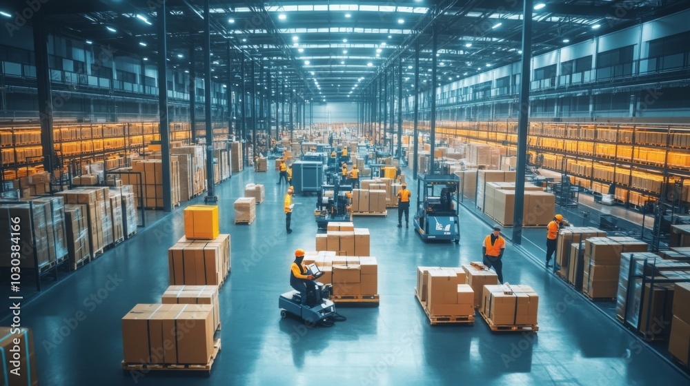 Poster a spacious warehouse with high ceilings is filled with boxes and workers operating forklifts. they m
