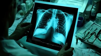 Doctor carefully examines X-ray film of patient's lungs, identifying COVID-19 complications, with medical instruments and charts in the background.