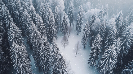 snowy pine forest in aerial view