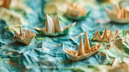 Detailed Origami Map with Landmarks and Boats