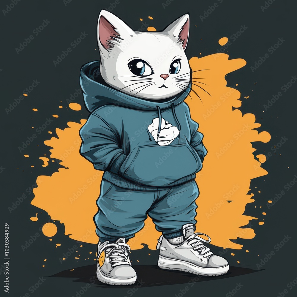 Poster a white cat wearing a hoodie and sneakers