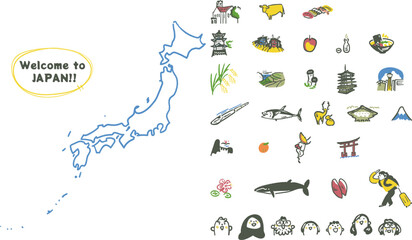 日本地図と日本の名所旧跡や名産　　笑顔の人々　セットのストックイラスト素材
