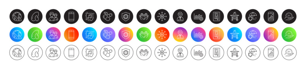 Coronavirus, Capsule pill and Wash hands line icons. Round icon gradient buttons. Pack of Safe time, Coffee vending, Vacancy icon. Musical note, Internet warning, 5g technology pictogram. Vector