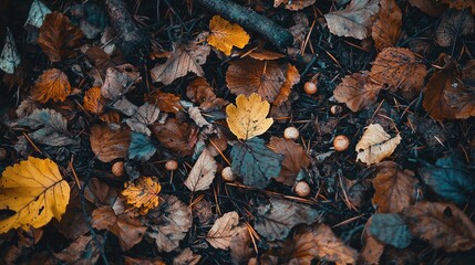 Fallen Leaves on Forest Floor in Autumn Colors