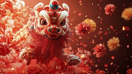 A dynamic scene of lion dance performers jumping and dancing, surrounded by intricate firecracker designs and vibrant confetti, all depicted in a detailed red paper-cut style,