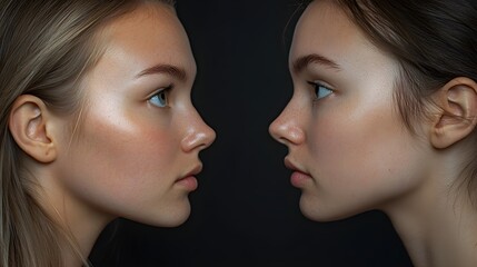 Fototapeta premium Testimonial image of a woman before and after rhinoplasty, showcasing the refined nose shape and improved facial harmony, side-by-side comparison, Photorealistic, Soft Lighting