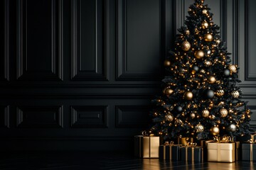 Elegant Black Christmas Tree with Golden Decorations