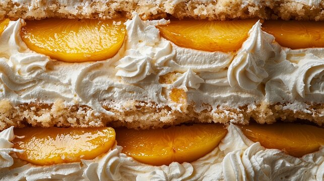 Close-up of Layered cake with brown sponge, white cream filling, fresh peach slices, and crumbly topping