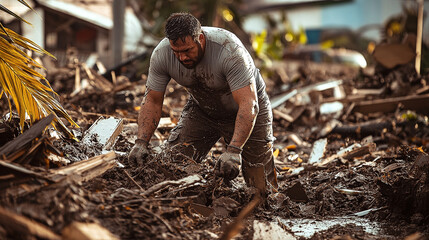 Obraz premium Strong man helping his community clean up debris after a severe storm.