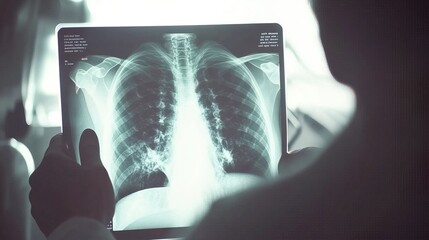 Doctor carefully examines X-ray film of patient's lungs, identifying COVID-19 complications, with medical instruments and charts in the background.