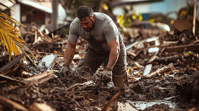 Strong man helping his community clean up debris after a severe storm.