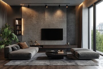 urban interior design, stylish urban apartment featuring textured walls, modern fixtures, and muted colors for a contemporary elegant look