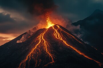 Erupting Volcano Under Dramatic Sky at Twilight