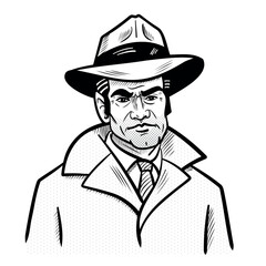 Hand drawn vector illustration of a man in a hat and jacket. in black and white