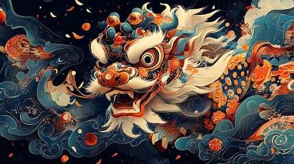 A festive paper-cut style image of lion dancers leaping and moving, surrounded by trails of firecrackers, vibrant confetti, and traditional motifs,