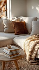 Cozy living room with a plush couch, soft throw blankets and a stack of books on a coffee table. Perfect for relaxing and reading.