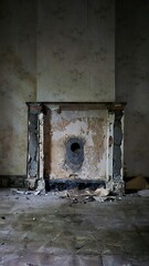 Abandoned room with a crumbling fireplace and peeling wallpaper, showing signs of decay and neglect in an old, derelict building.
