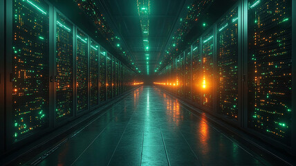 Server room, quantum encryption protocols in action, glowing data streams wrapping around servers, high-tech lighting 