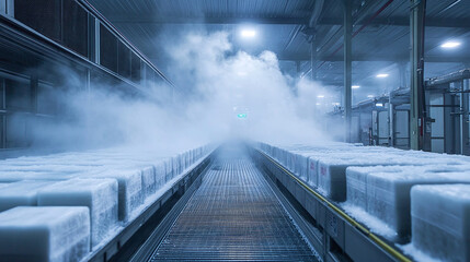 Frozen goods move smoothly on a conveyor into cold storage, with mist rising from ice-covered packages under bright, sterile lights.