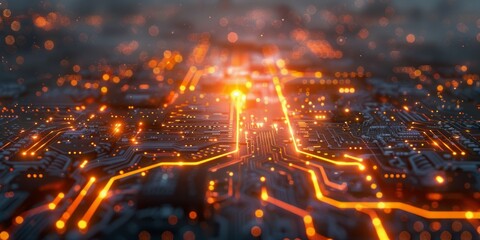 Fototapeta premium Close-up of a futuristic electronic circuit board with glowing pathways and intricate patterns illuminated by vibrant orange lights