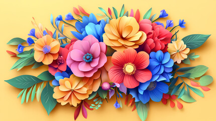 Hand drawn bouquet with flowers 3d vector papercut