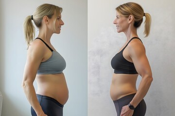 Before and after comparison of a woman’s body transformation from pregnancy to fit, healthy physique, side view. Fitness, postpartum recovery, health improvement concept