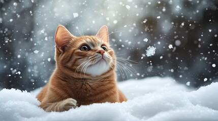 A British Shorthair ginger cat in a serene winter scene, surrounded by falling snow. The image captures the tranquil atmosphere of winter with copy space for additional text.