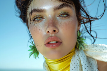 Close-up of a young woman with a yellow scarf and polka dot accents. Playful and stylish fashion concept.