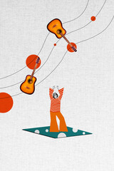Vertical collage joyful woman dance guitar melody player performance song sound music acoustic...
