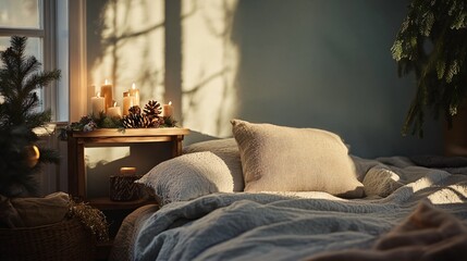 Cozy Bedroom with Soft Linens and Warm Lighting