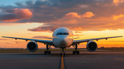 Fototapeta na wymiar A majestic airplane prepares for takeoff against a stunning sunset sky at the airport