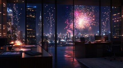 Team Celebrating Annual Goals with Fireworks Display
