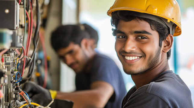 Young electrician students smiling while doing practical training.