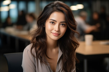 Fototapeta premium A business woman is smiling and working in an office environment