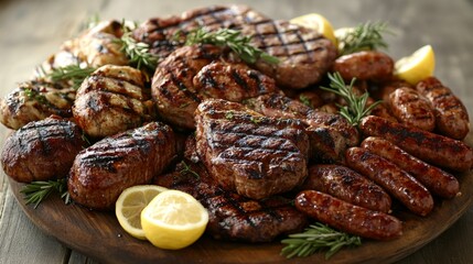 Savory Grilled Meats with Fresh Herbs and Lemon Slices