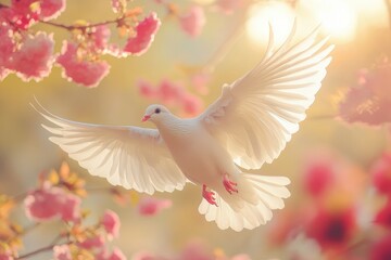 Elegant White Dove Soaring Through Floral Blossom
