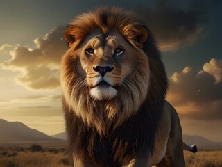 Lion stands majestically in the golden light of sunset on the African savanna with mountains in the background