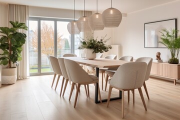 Interior design of dining room chair table architecture.