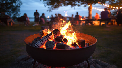 A fire pit filled with natural wood charcoal glowing in the evening, surrounded by people preparing to cook or warm up by the fire under a night sky.