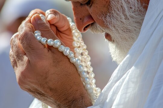 A close-up of a pilgrim holding prayer beads (Tasbeeh) while gazing toward the Kaaba, symbolizing devotion, reflection, and the spiritual essence of Hajj