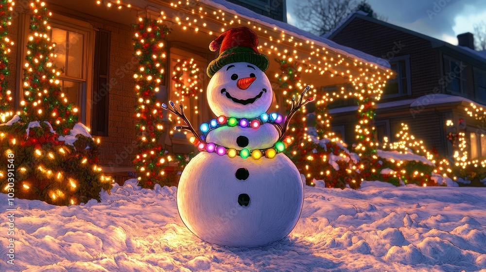 Poster Glowing Snowman, Christmas lights