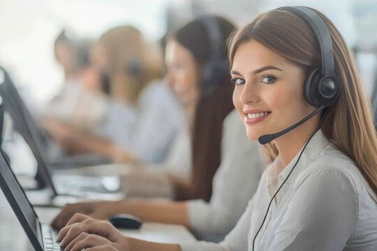 A friendly team of diverse customer service agents working together in an open office, with a focus on a Russian-speaking representative assisting a client via a laptop