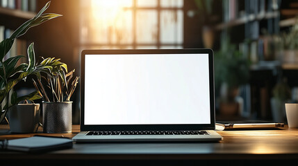 Fototapeta premium Laptop on table with blank screen mockup template for design