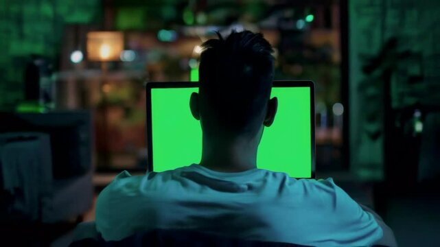 Man looking at laptop screen, chromakey on screen